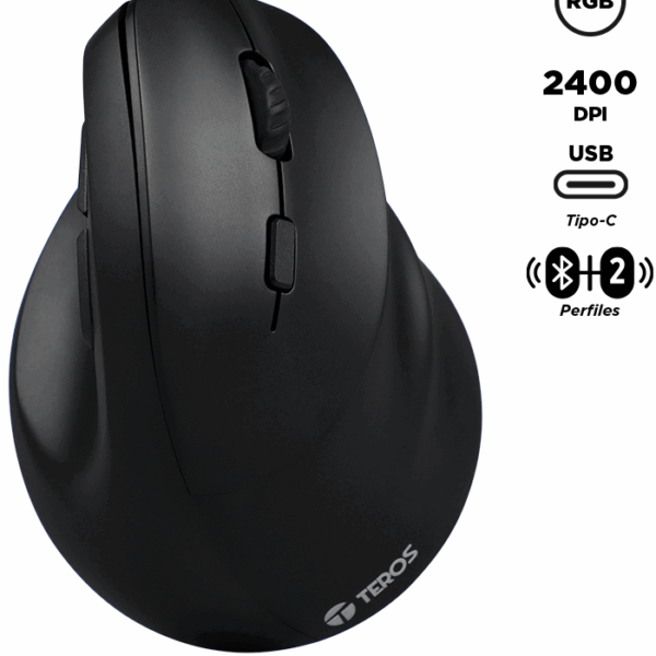 Mouse Teros TE-5169N, Inalámbrico Doble Modo: 2.4G+Bluetooth, 2400 DPI, Vertical, Negro