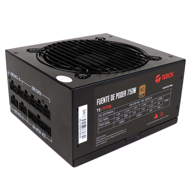 Fuente de alimentación TEROS TE-7175, ATX, 750W, 80 Plus Gold, 100V-240VAC, CERTIFICADA